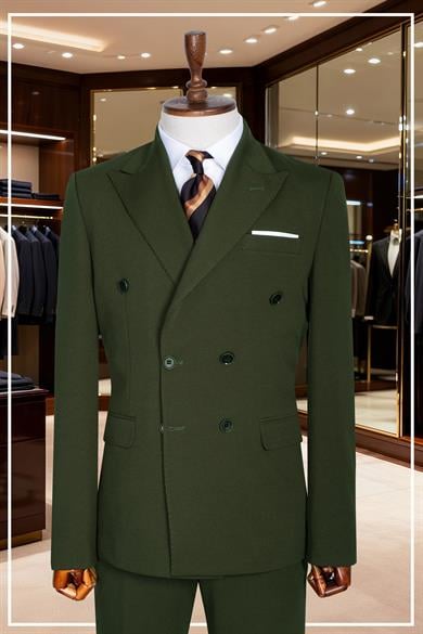 İtalyan Kesim Slim Fit Yeşil Kruvaze Takım Elbise | Yaka Puntolu Özel Tasarım SD42342