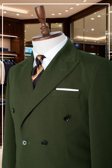 İtalyan Kesim Slim Fit Yeşil Kruvaze Takım Elbise | Yaka Puntolu Özel Tasarım SD42342