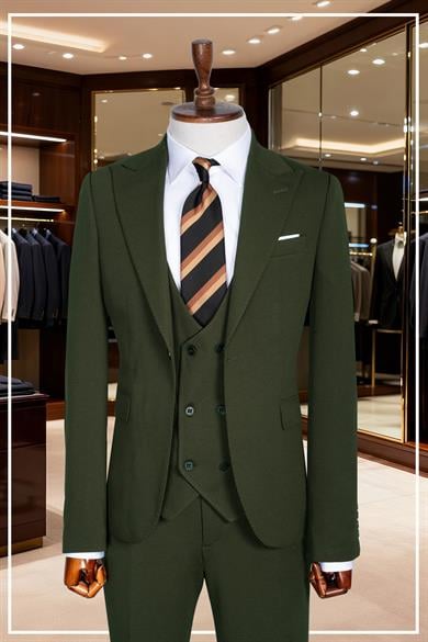 İtalyan Kesim Slim Fit Yeşil Yelekli Takım Elbise | Yaka Puntolu Özel Tasarım SD42351