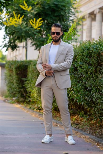 İtalyan Kesim Takım Elbise Krem Spor İpli - Slım Fıt SD4975