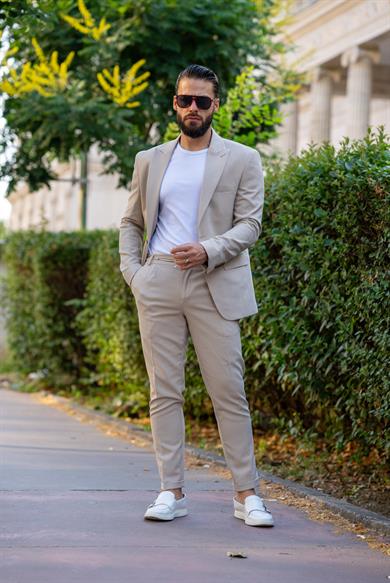 İtalyan Kesim Takım Elbise Krem Spor İpli - Slım Fıt SD4975