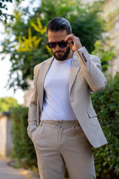 İtalyan Kesim Takım Elbise Krem Spor İpli - Slım Fıt SD4975