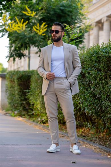 İtalyan Kesim Takım Elbise Krem Spor İpli - Slım Fıt SD4975