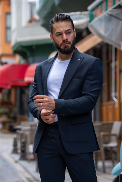 İtalyan Kesim Takım Elbise Lacivert Spor İpli - Slım Fıt SD4976