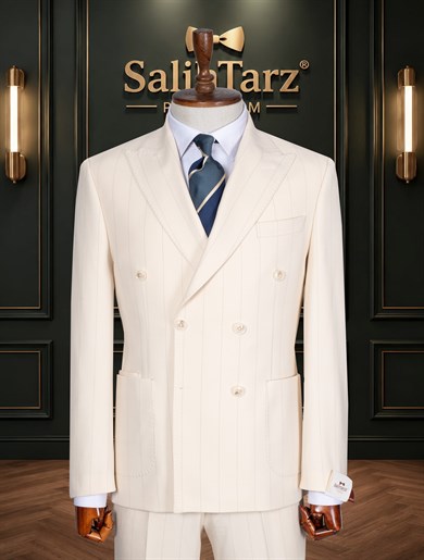 Krem Çizgili Premium Kruvaze Torba Takım Elbise SD42471