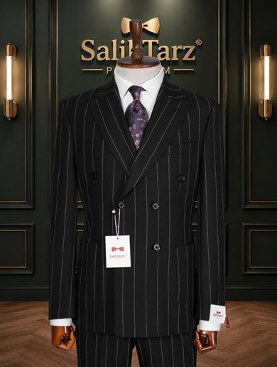 Siyah Çizgili Premium Kruvaze Torba Takım Elbise SD42468