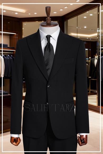 Siyah Slim Fit Mono Yaka Kapaklı Cepli Erkek Takım Elbise SD42334