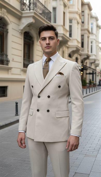 Slim Fit İtalyan Kesim Krem Kruvaze Erkek Takım Elbise (Premium) – SD42319