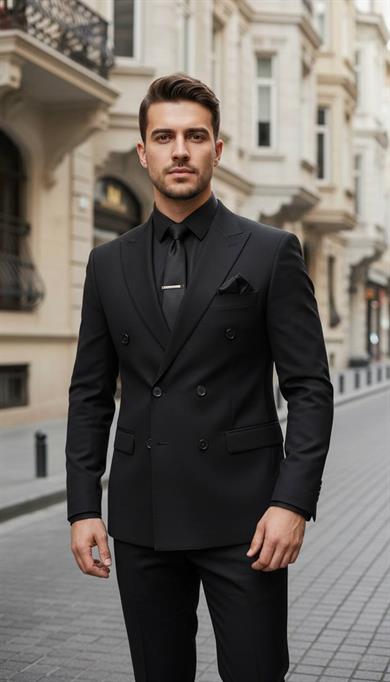 Slim Fit İtalyan Kesim Siyah Kruvaze Erkek Takım Elbise (Premium) – SD42321
