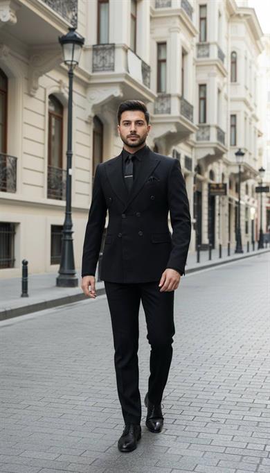 Slim Fit İtalyan Kesim Siyah Kruvaze Erkek Takım Elbise (Premium) – SD42321