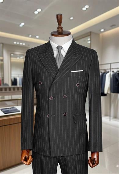 Takım Elbise Çizgili Kruvaze SlimFit Füme SD42280