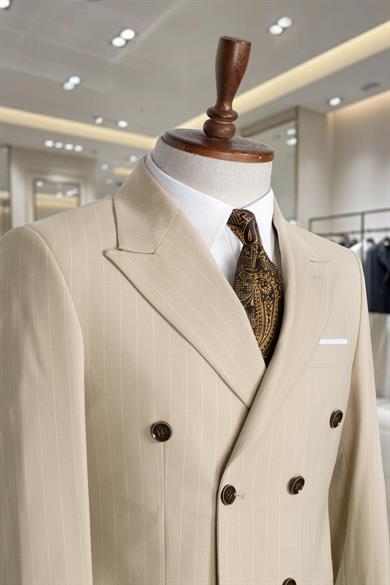 Takım Elbise Çizgili Kruvaze SlimFit Krem SD42282