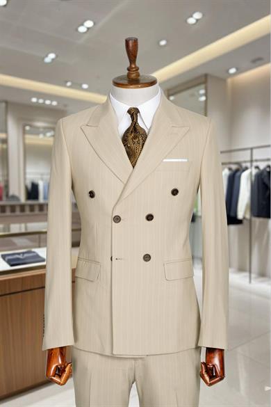 Takım Elbise Çizgili Kruvaze SlimFit Krem SD42282