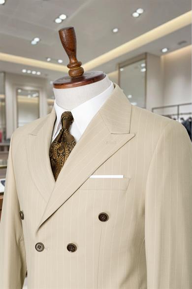 Takım Elbise Çizgili Kruvaze SlimFit Krem SD42282