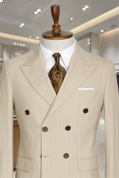 Takım Elbise Çizgili Kruvaze SlimFit Krem SD42282