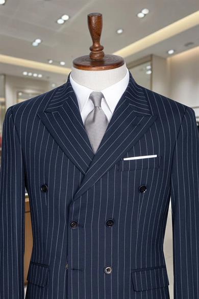 Takım Elbise Çizgili Kruvaze SlimFit Lacivert SD42279