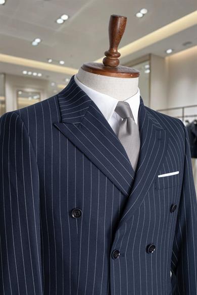 Takım Elbise Çizgili Kruvaze SlimFit Lacivert SD42279