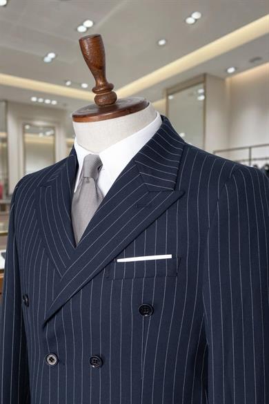 Takım Elbise Çizgili Kruvaze SlimFit Lacivert SD42279