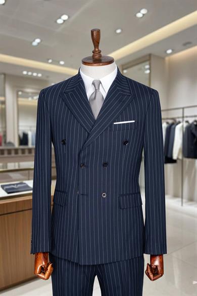Takım Elbise Çizgili Kruvaze SlimFit Lacivert SD42279