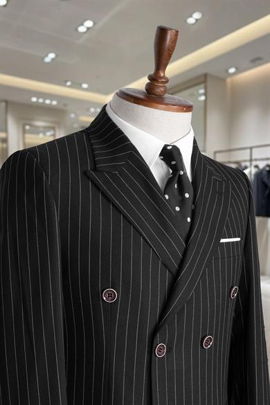 Takım Elbise Çizgili Kruvaze SlimFit Siyah SD42278