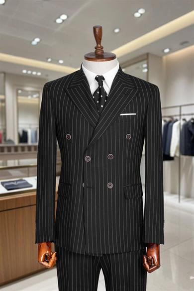 Takım Elbise Çizgili Kruvaze SlimFit Siyah SD42278