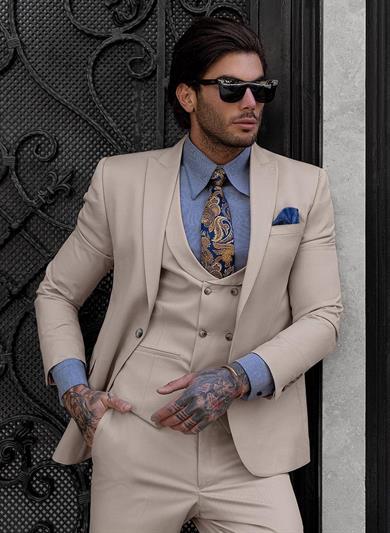 Takım Elbise İtalyan Kesim Yelekli Krem SD41027