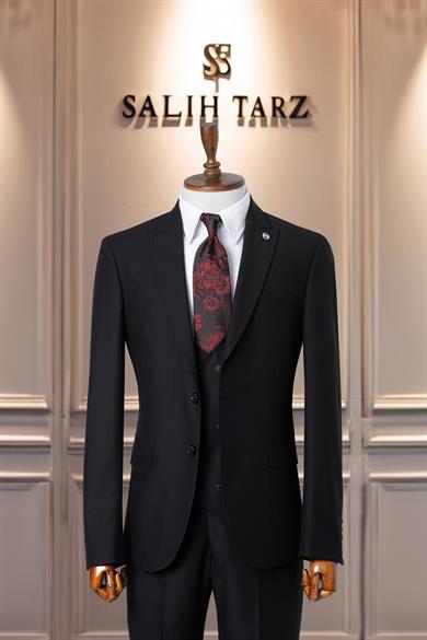 Takım Elbise İtalyan Kesim Yelekli SlimFit Siyah SD41048