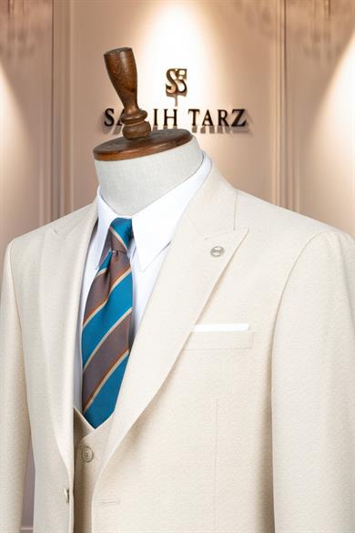 Takım Elbise İtalyan Kesim Yelekli SlimFit Krem SD42112