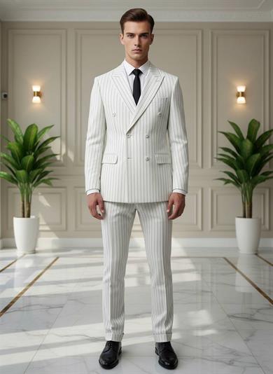 Takım Elbise Kruvaze SlimFit Beyaz Çizgili SD42222