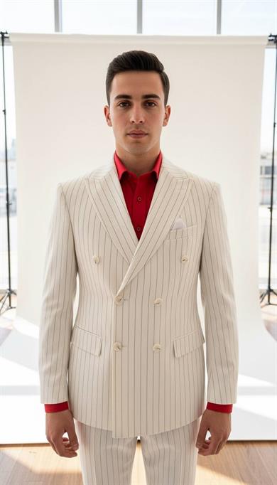 Takım Elbise Kruvaze SlimFit Beyaz Çizgili SD42222