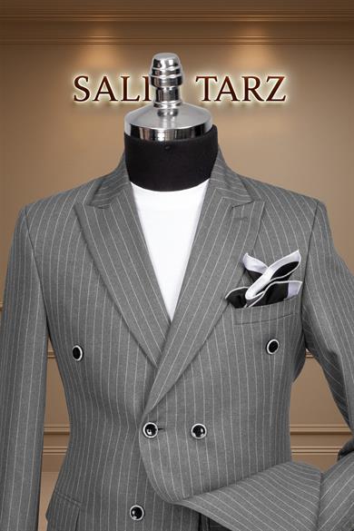 Takım Elbise Kruvaze SlimFit Füme Çizgili SD42174