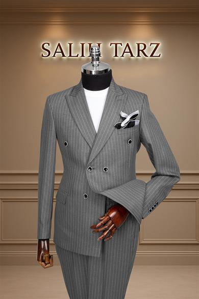 Takım Elbise Kruvaze SlimFit Füme Çizgili SD42174