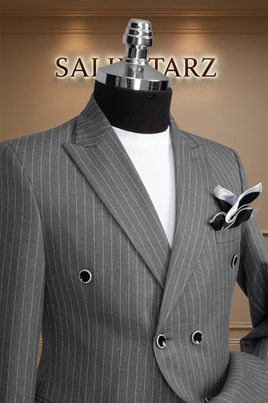 Takım Elbise Kruvaze SlimFit Füme Çizgili SD42174