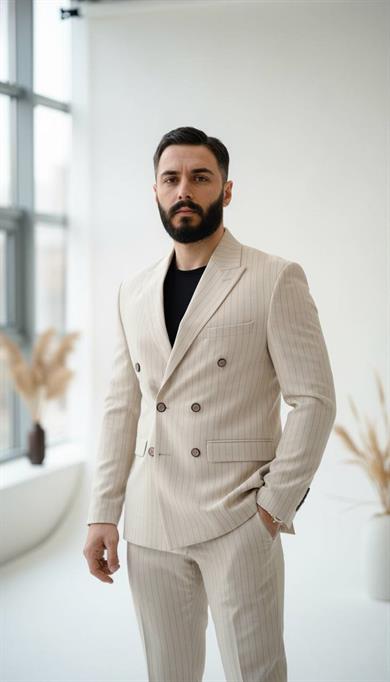 Takım Elbise Kruvaze SlimFit K.Krem Çizgili SD42223