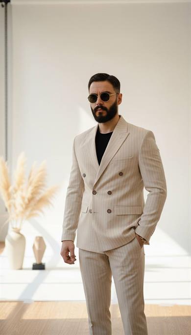 Takım Elbise Kruvaze SlimFit K.Krem Çizgili SD42223