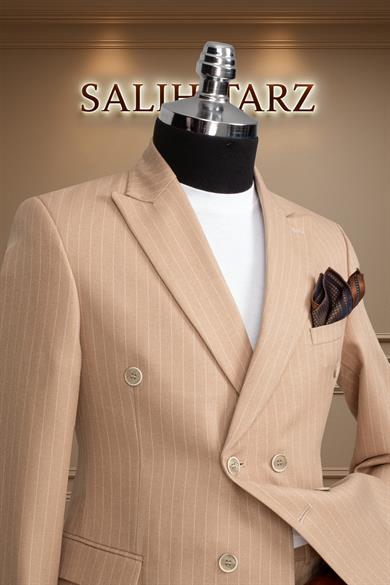 Takım Elbise Kruvaze SlimFit Krem Çizgili SD42178