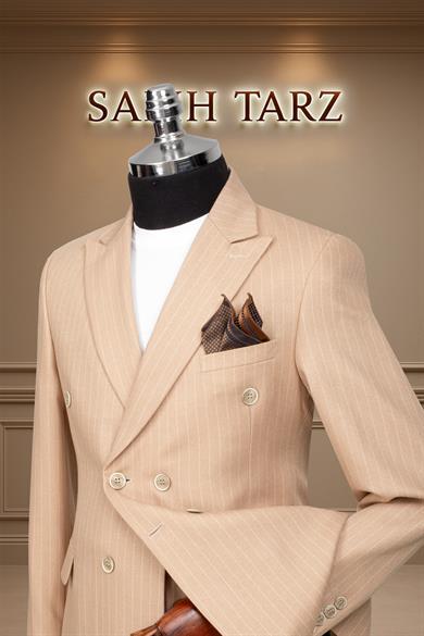 Takım Elbise Kruvaze SlimFit Krem Çizgili SD42178