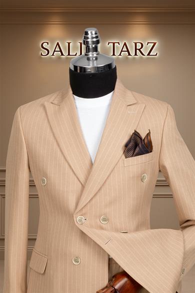 Takım Elbise Kruvaze SlimFit Krem Çizgili SD42178