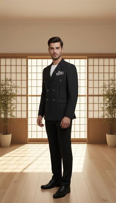 Takım Elbise Kruvaze SlimFit Siyah Çizgili SD42207