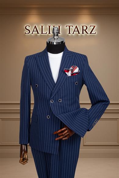 Takım Elbise Kruvaze SlimFit Lacivert Çizgili SD42177