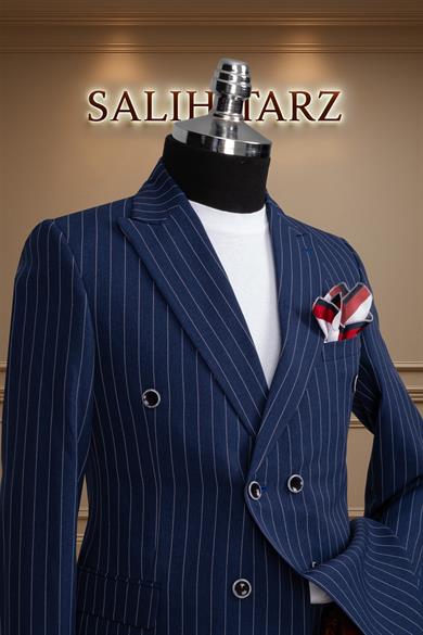 Takım Elbise Kruvaze SlimFit Lacivert Çizgili SD42177