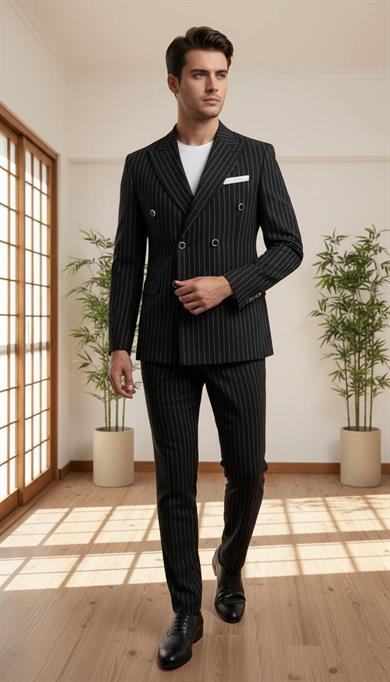 Takım Elbise Kruvaze SlimFit Siyah Çizgili SD42207