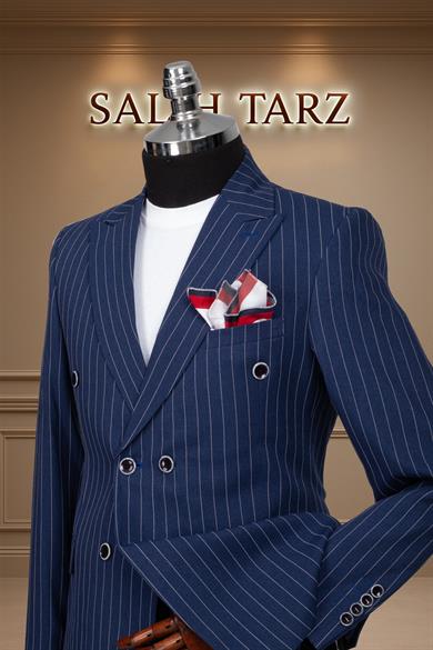 Takım Elbise Kruvaze SlimFit Lacivert Çizgili SD42177