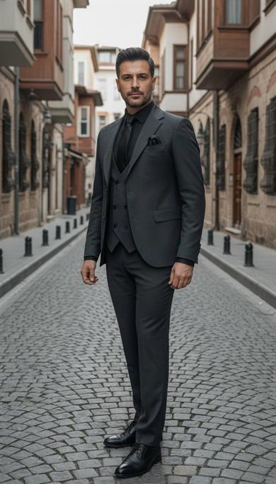 Takım Elbise SlimFit Antrasit Yelekli Premium SD42311
