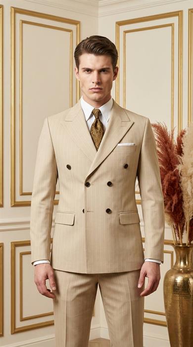 Takım Elbise SlimFit Çizgili Krem Kruvaze Premium SD42293