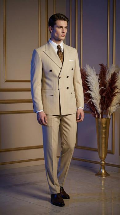 Takım Elbise SlimFit Çizgili Krem Kruvaze Premium SD42293