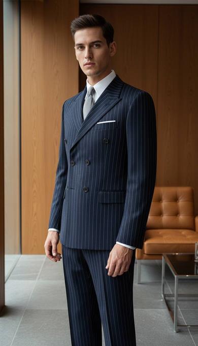 Takım Elbise SlimFit Çizgili Lacivert Kruvaze Premium SD42295