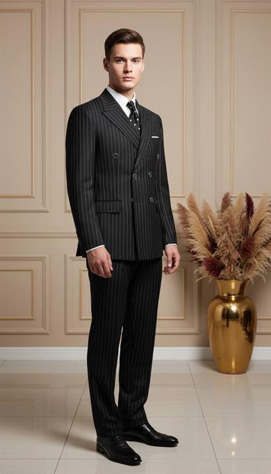 Takım Elbise SlimFit Çizgili Siyah Kruvaze Premium SD42294
