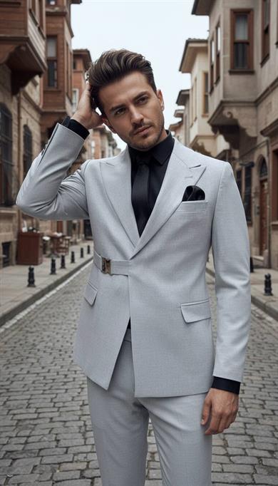 Takım Elbise SlimFit Gri Tokalı Premium SD42325