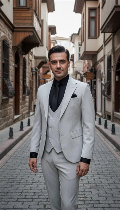 Takım Elbise SlimFit Gri Yelekli Premium SD42312